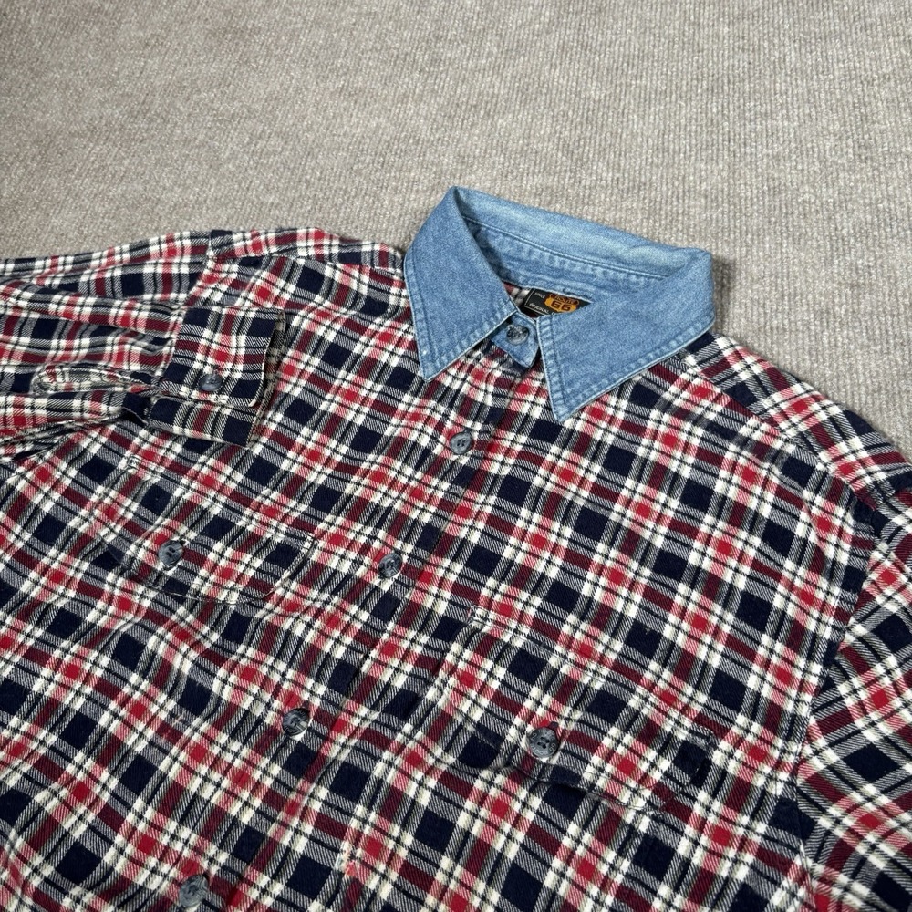 Vintage Route 66 Flannel Shirt Womens S Blue Red Plaid Denim Collar Work 90s